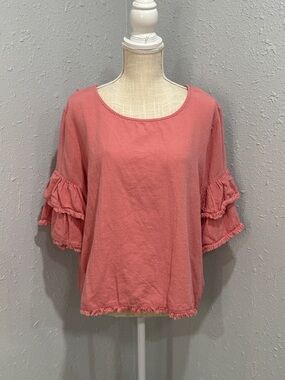 Umgee Coral Pink Ruffle Sleeve Poplin Top Size Large